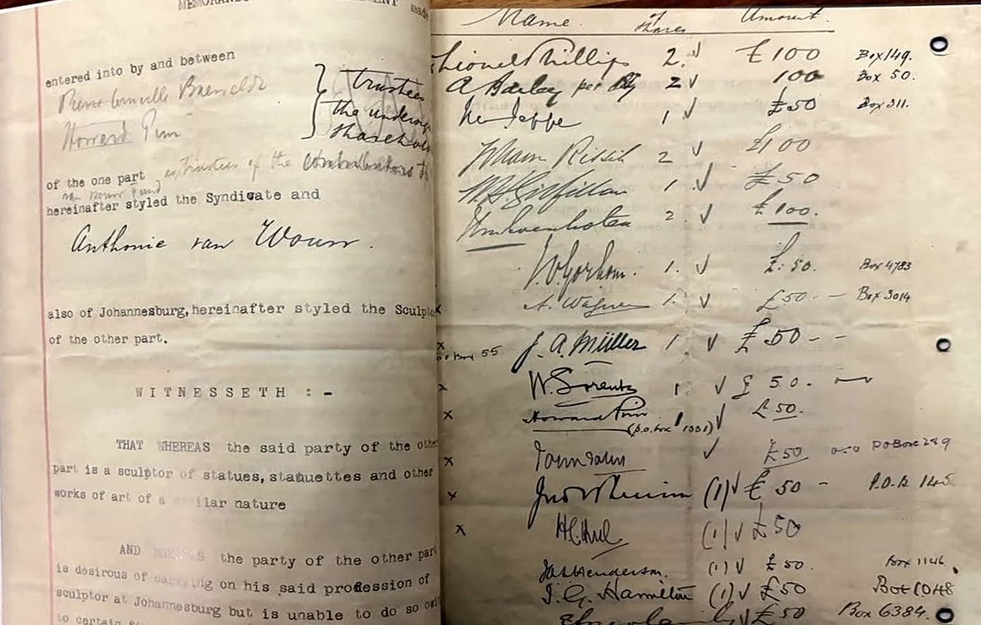 Archival Memorandum of Agreement between Anton van Wouw and a Johannesburg syndicate, with a handwritten list of subscribers