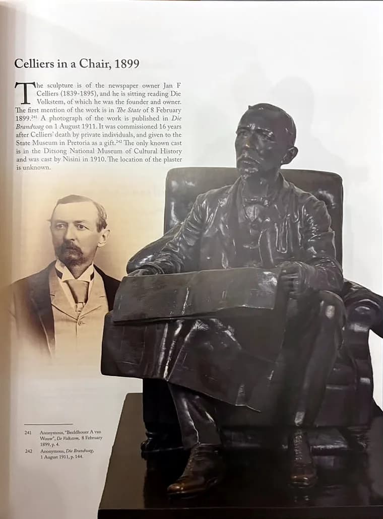 Book page: the bronze Celliers in a Chair (1899) beside a sepia portrait of Jan F Celliers