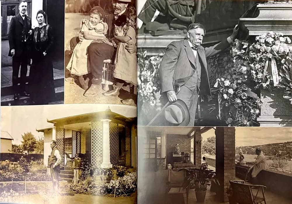 Book spread of archival photographs: family portraits, a house with a lattice veranda and Van Wouw in a hat